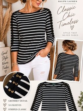 Ralph Lauren Black & White Striped Grommet Sleeve Top